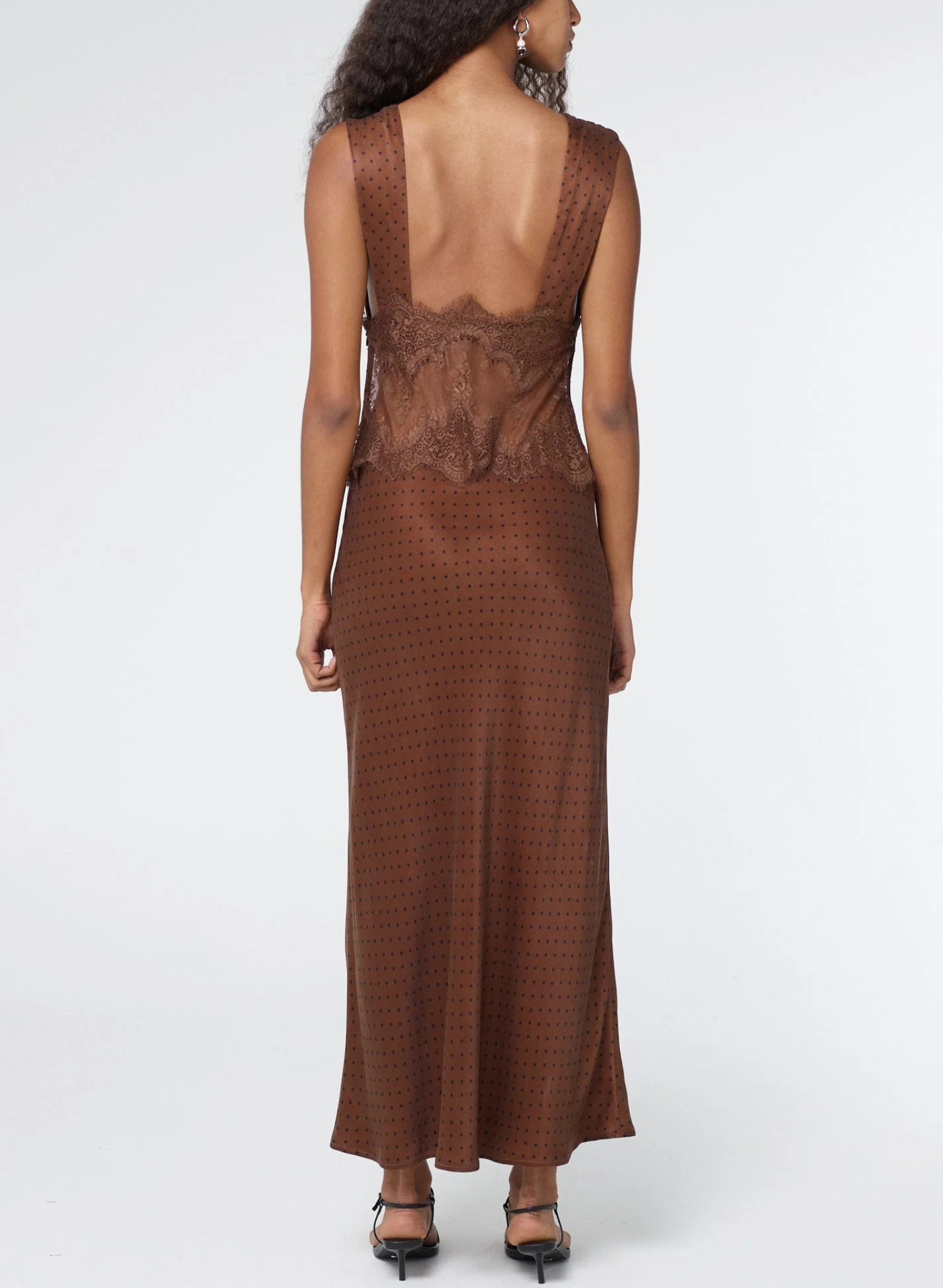 Visions Lace Deep V Maxi Dress | Chocolate Polka Dot