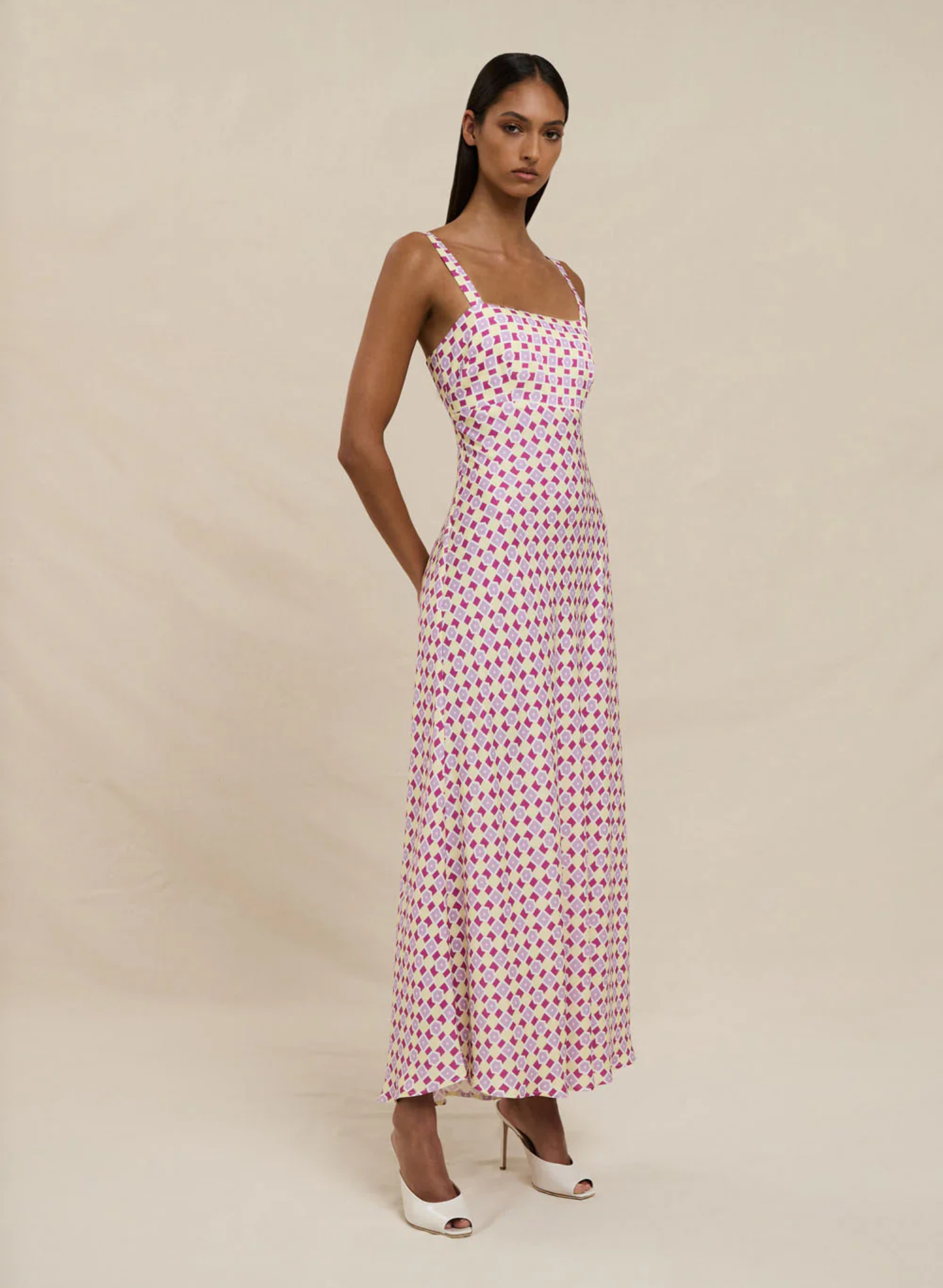 Zinnia Geo Bias Midi Dress - Berry Lilac Yellow