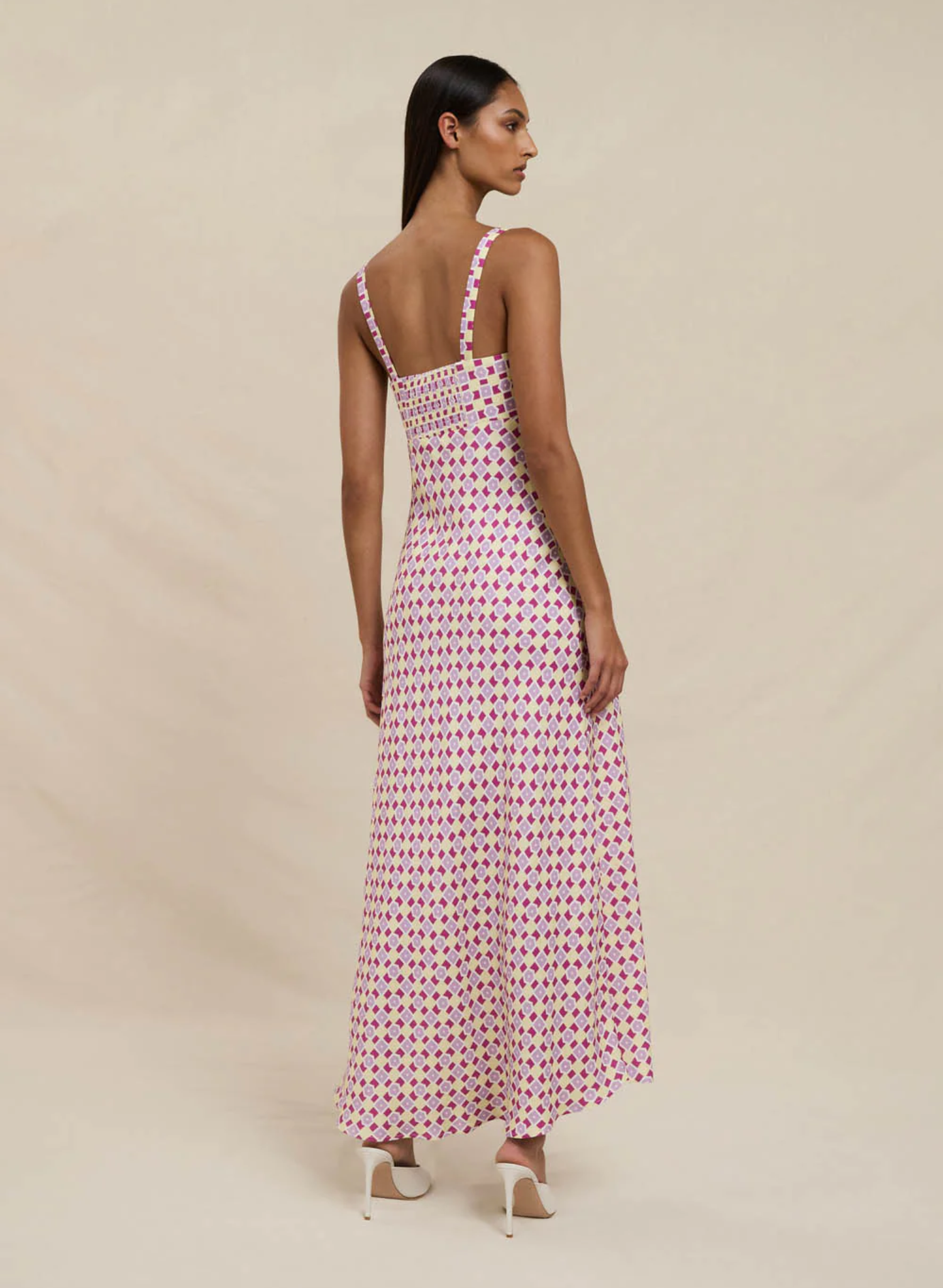 Zinnia Geo Bias Midi Dress - Berry Lilac Yellow