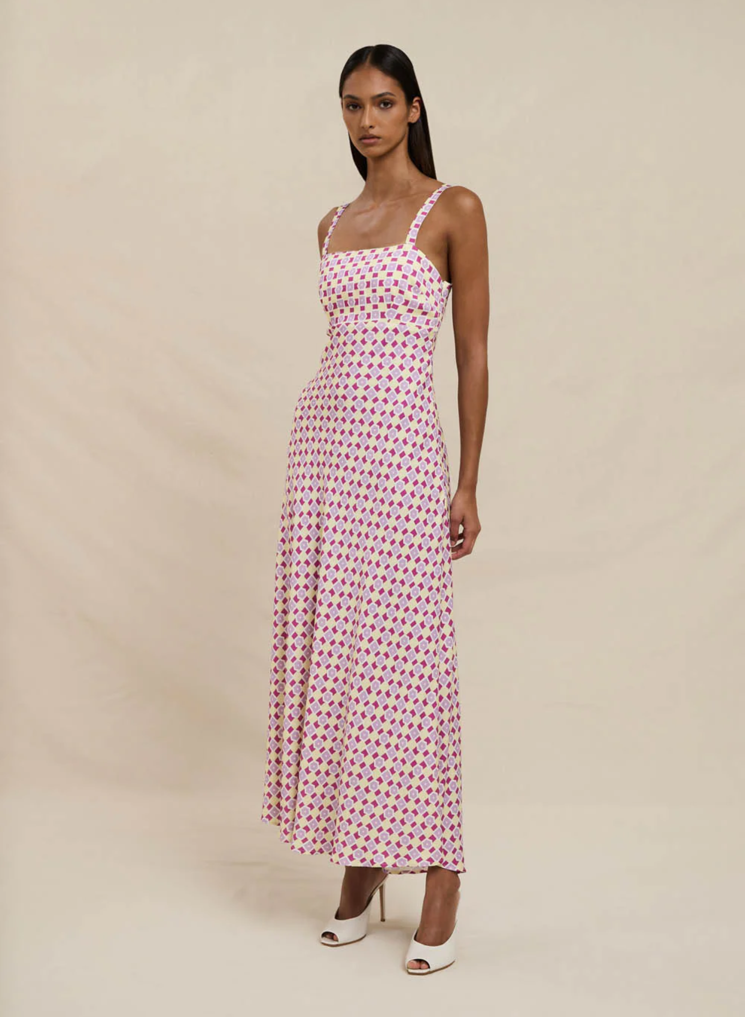 Zinnia Geo Bias Midi Dress - Berry Lilac Yellow