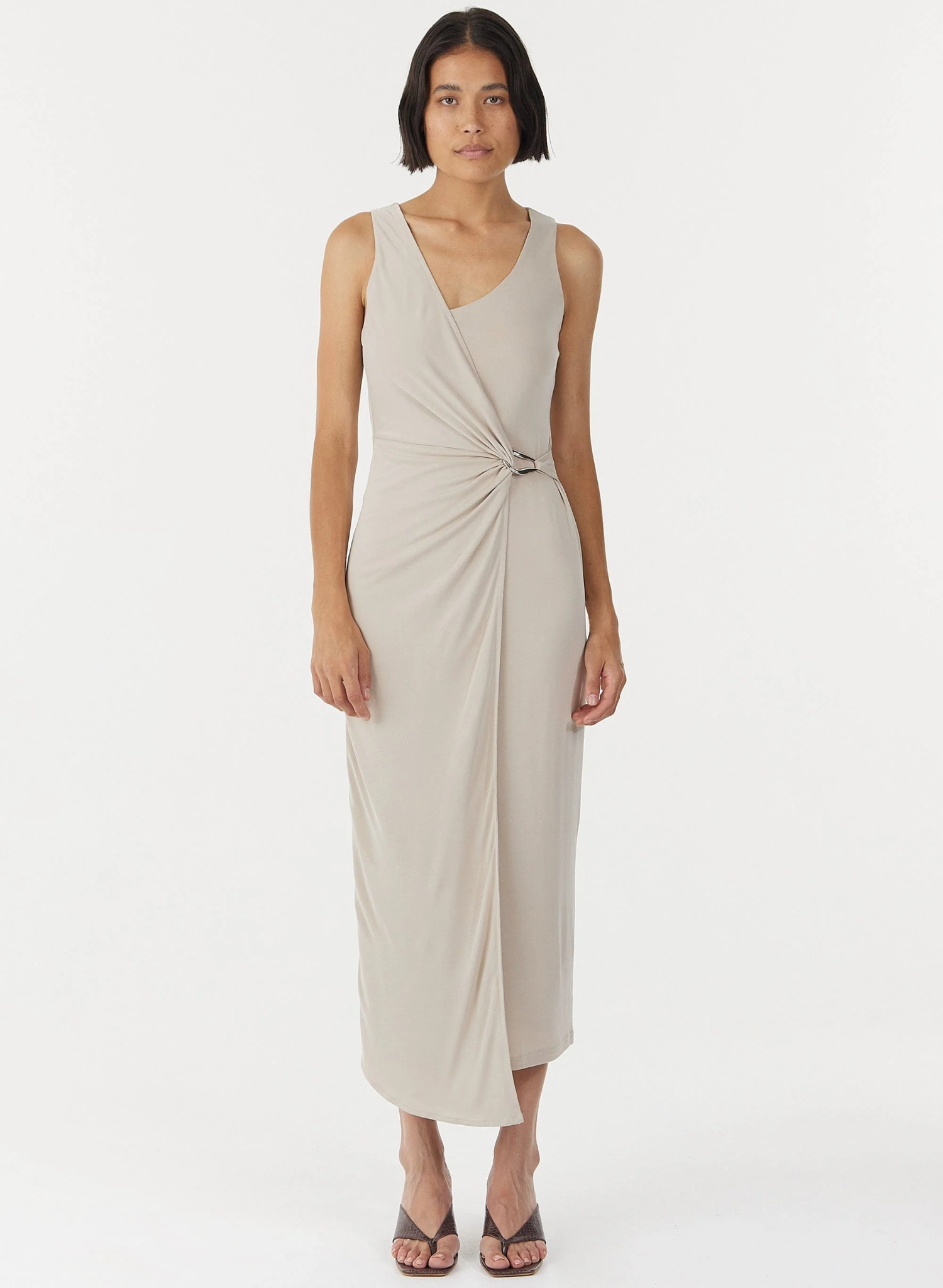 STIRLING TWIST CROSS OVER MIDI DRESS IN OYSTER GREY