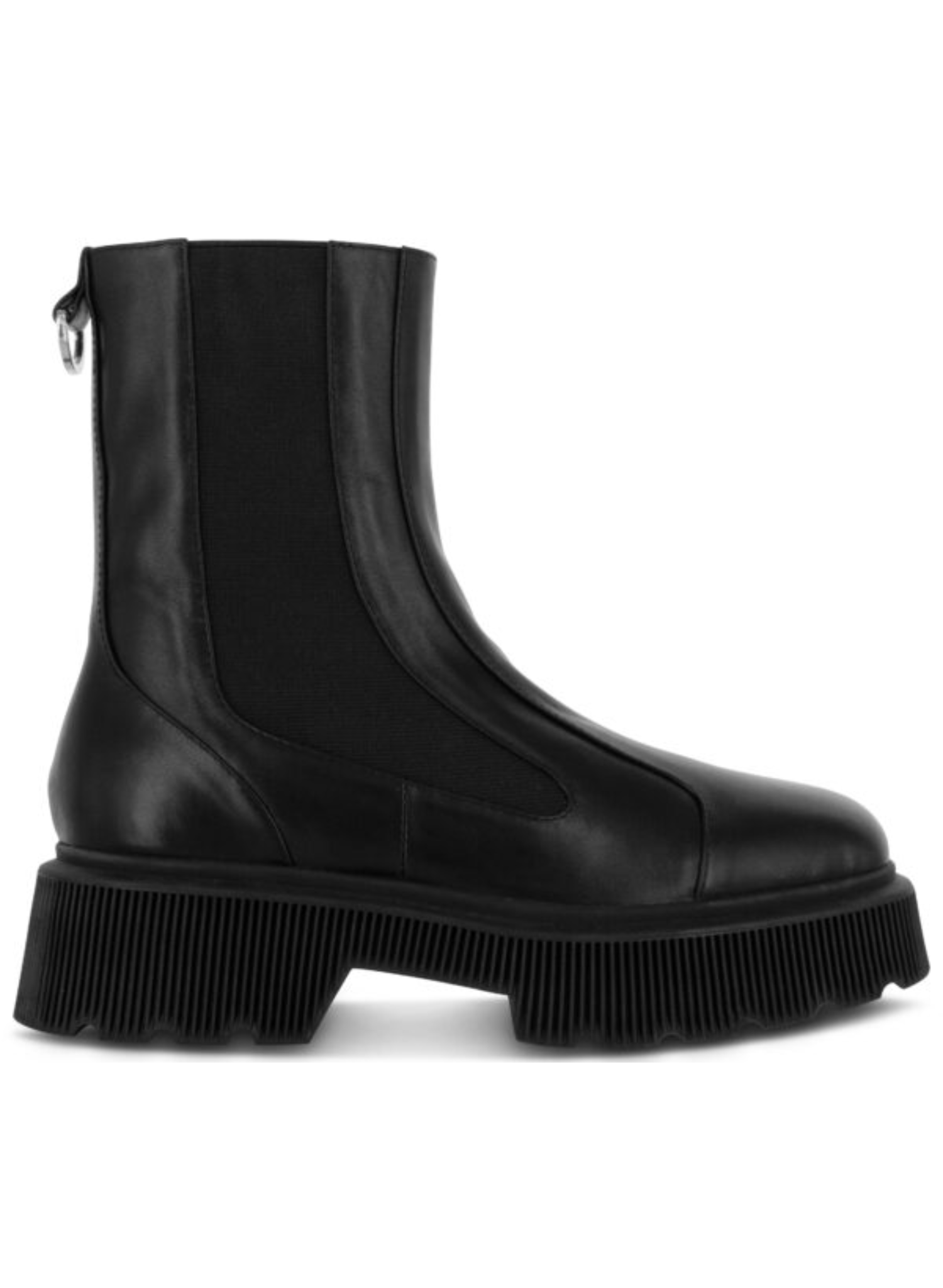 Ebony soft calf ankle boot, featuring a chunky rubber sole, elasticated sides and rounded toe. Ebony Soft Calf Leather Upper Leather Lining Rubber Sole Heel Height: 50mm approx.