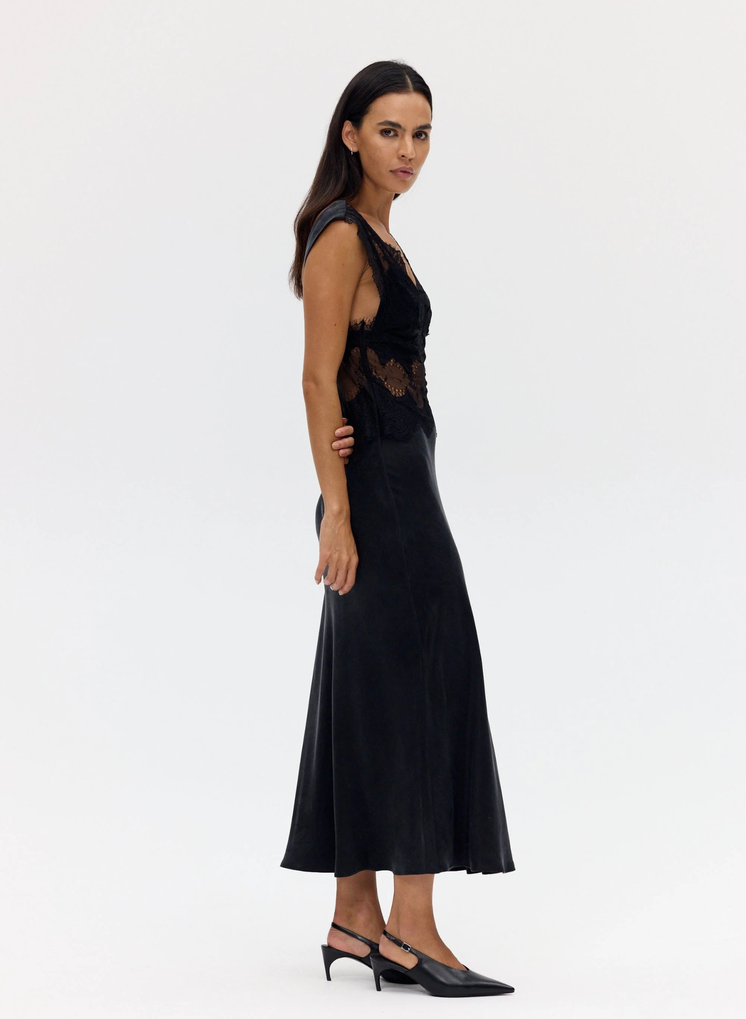 Visions Lace Deep V Maxi Dress | Ebony