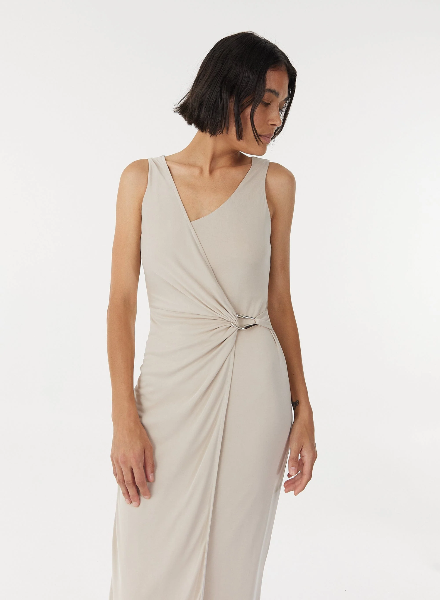 STIRLING TWIST CROSS OVER MIDI DRESS IN OYSTER GREY