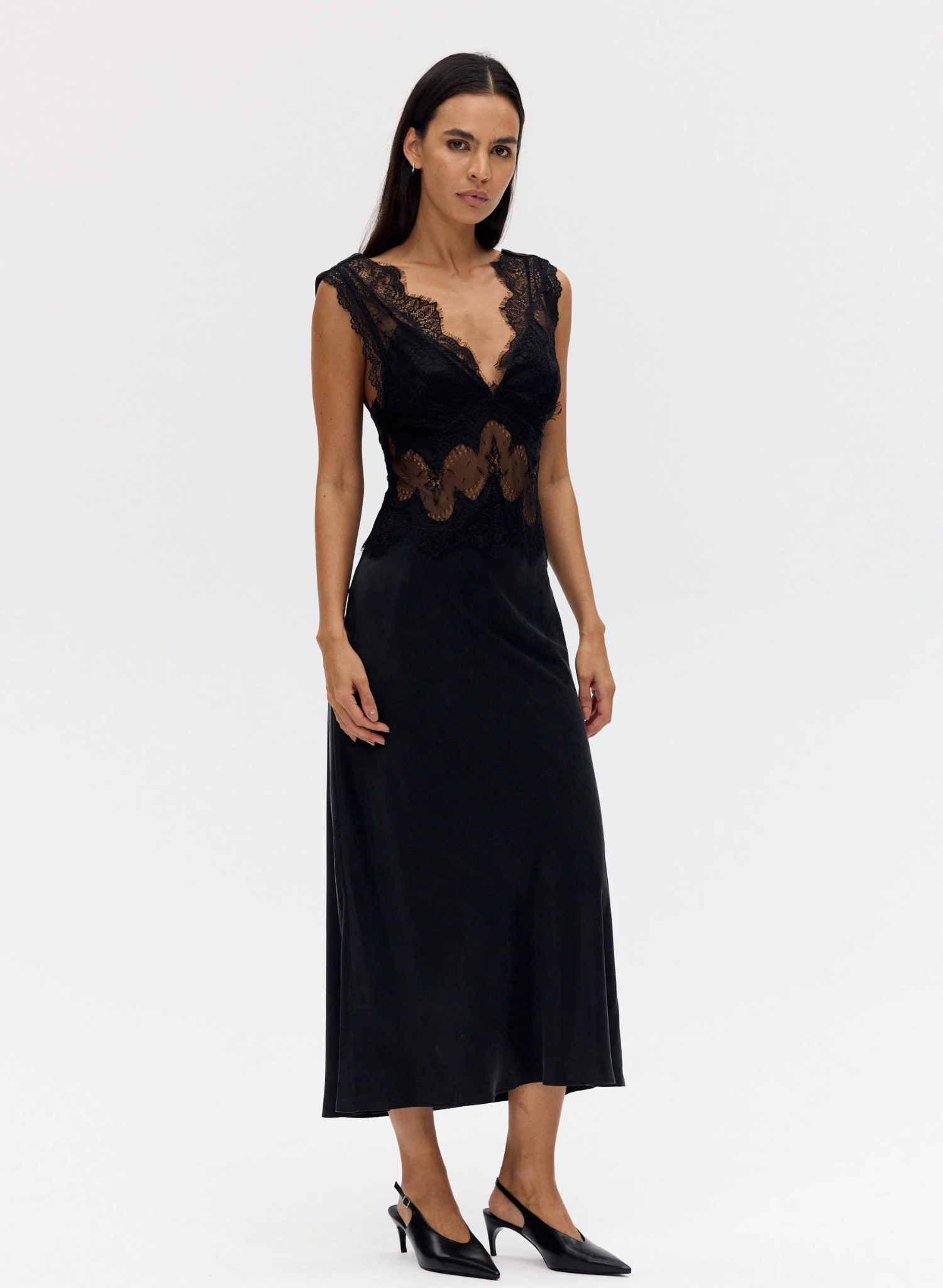 Visions Lace Deep V Maxi Dress | Ebony