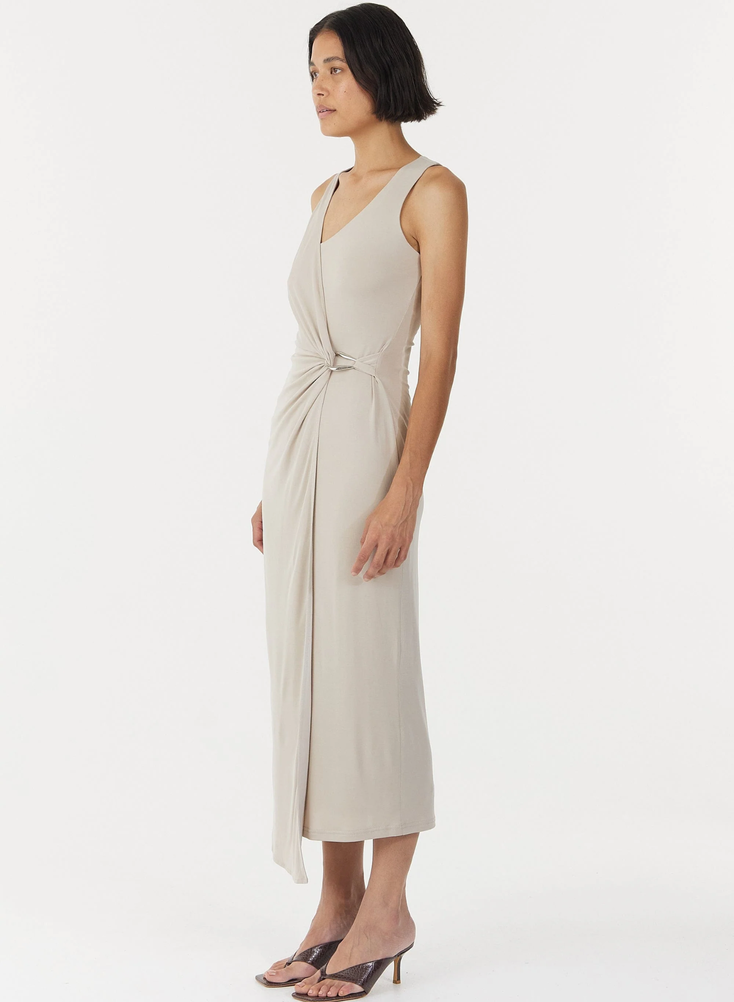 STIRLING TWIST CROSS OVER MIDI DRESS IN OYSTER GREY
