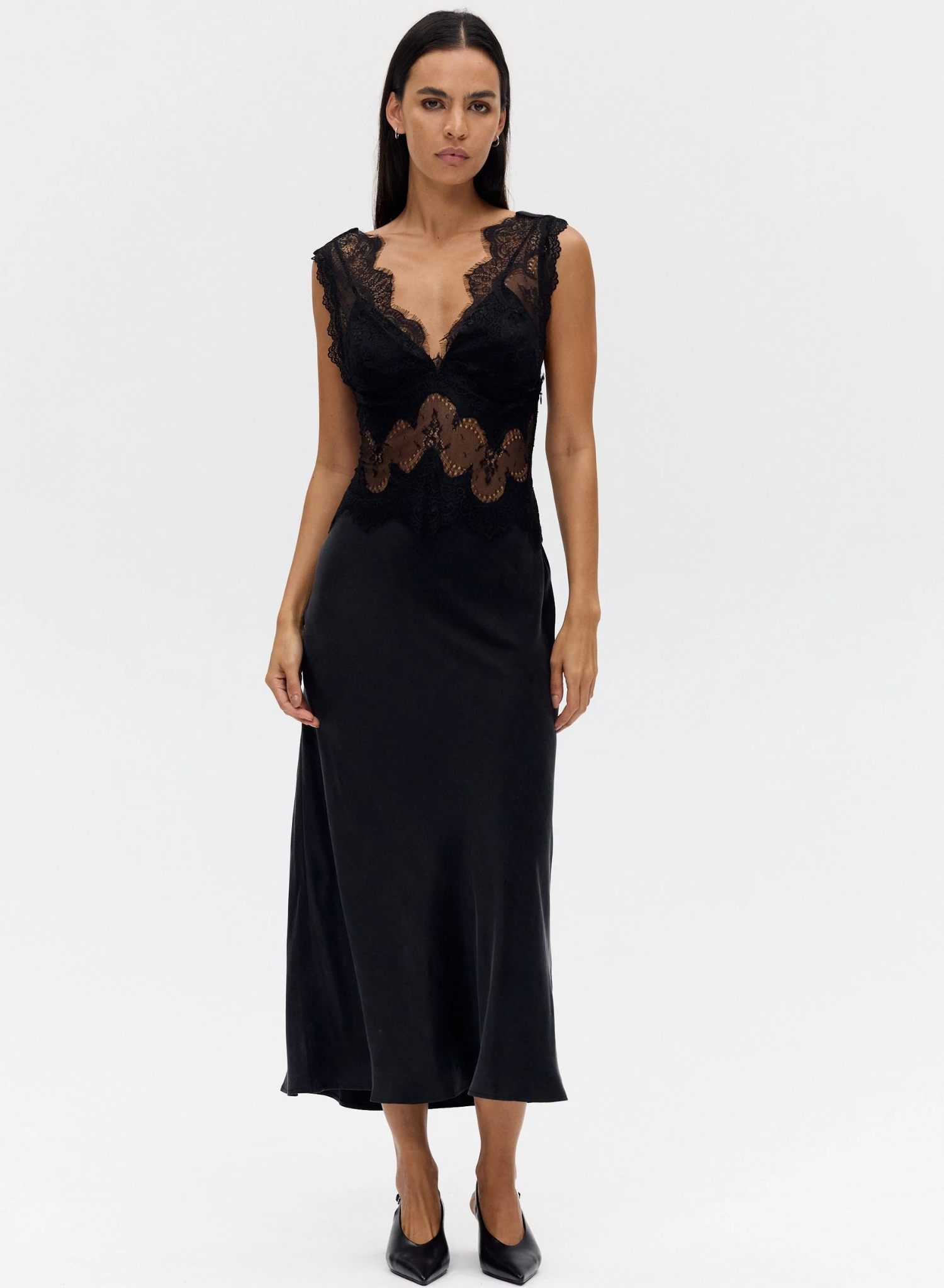 Visions Lace Deep V Maxi Dress | Ebony