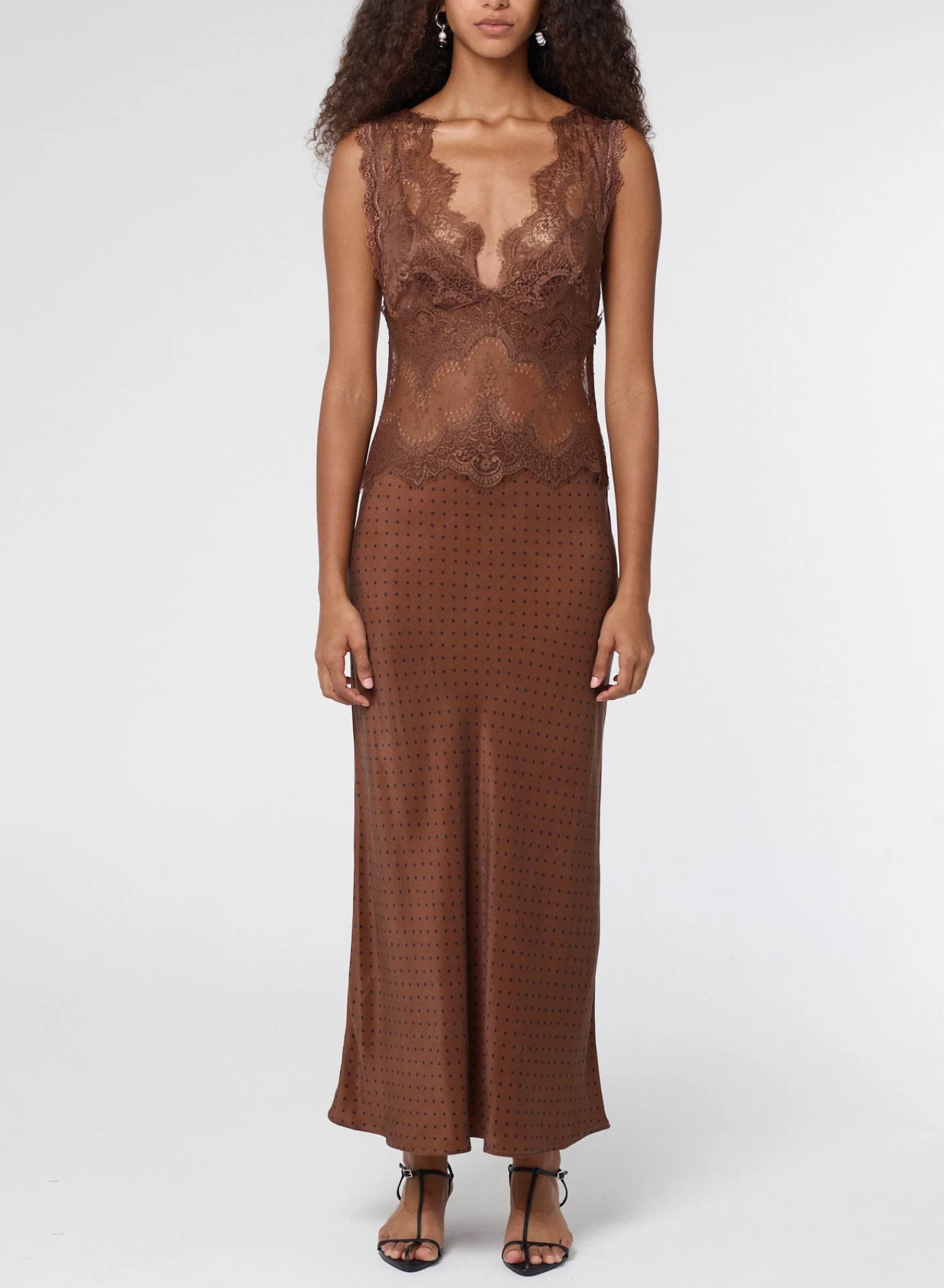 Visions Lace Deep V Maxi Dress | Chocolate Polka Dot