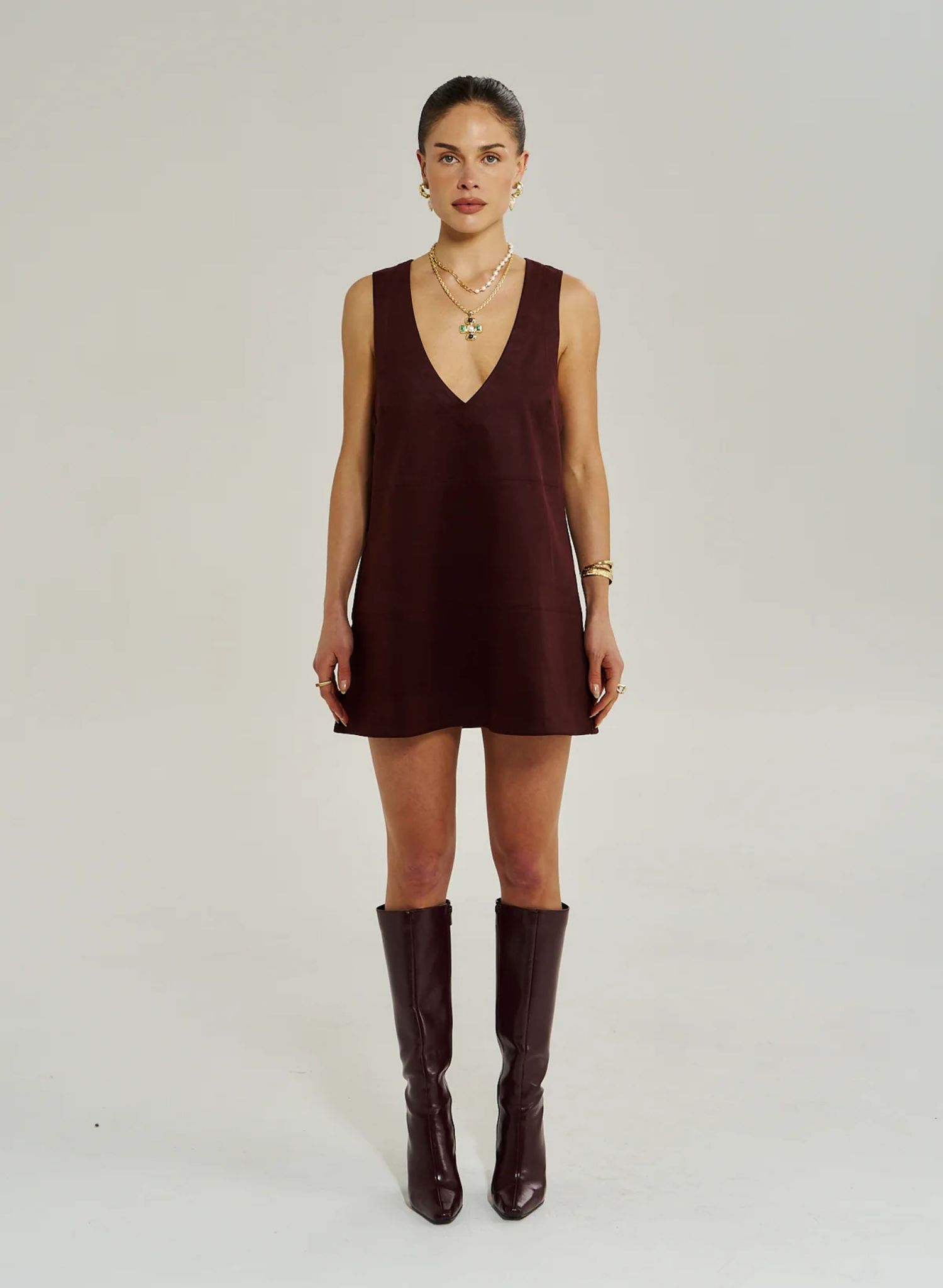 V Neck Mini Dress - Syrah