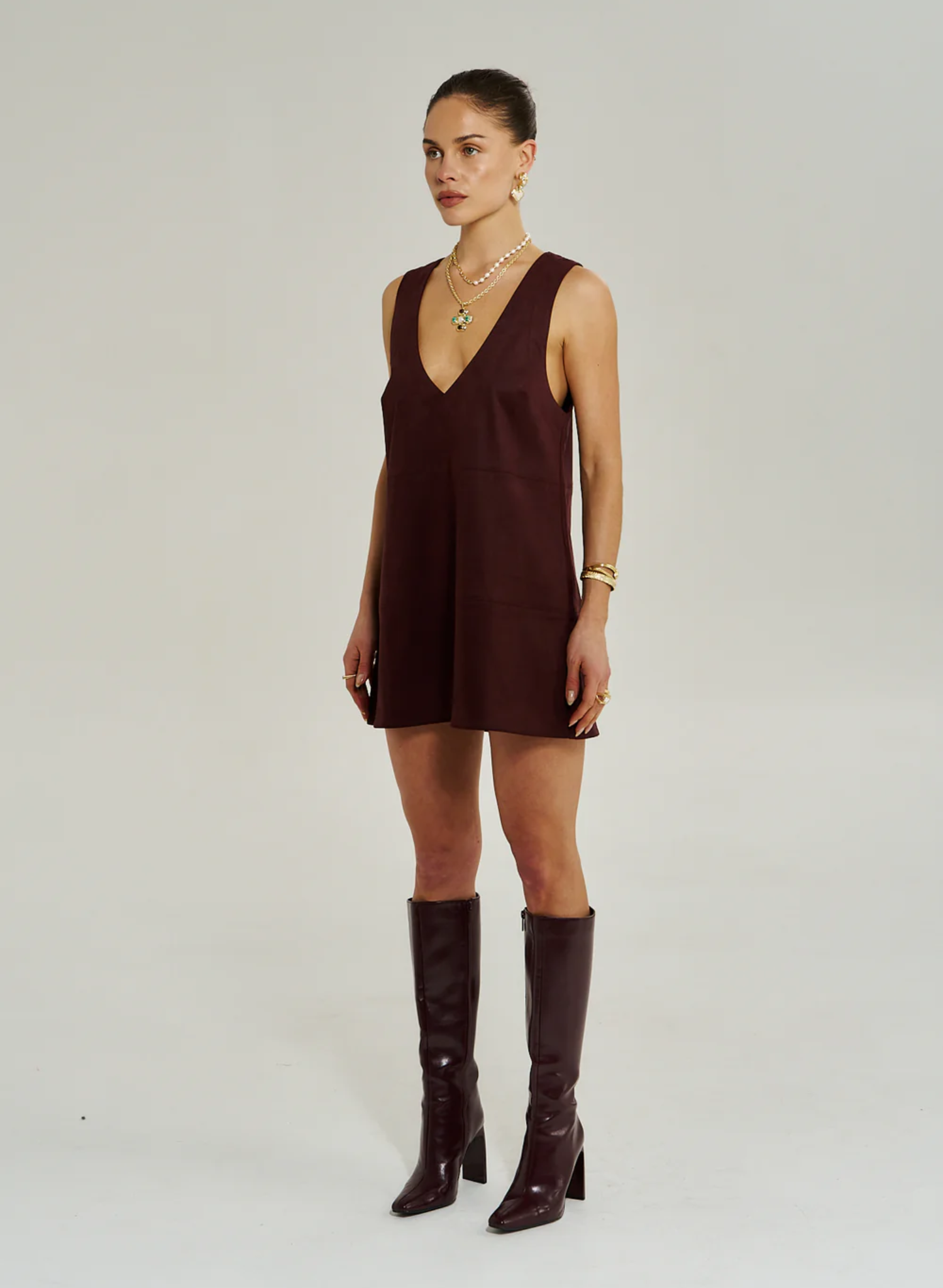 V Neck Mini Dress - Syrah