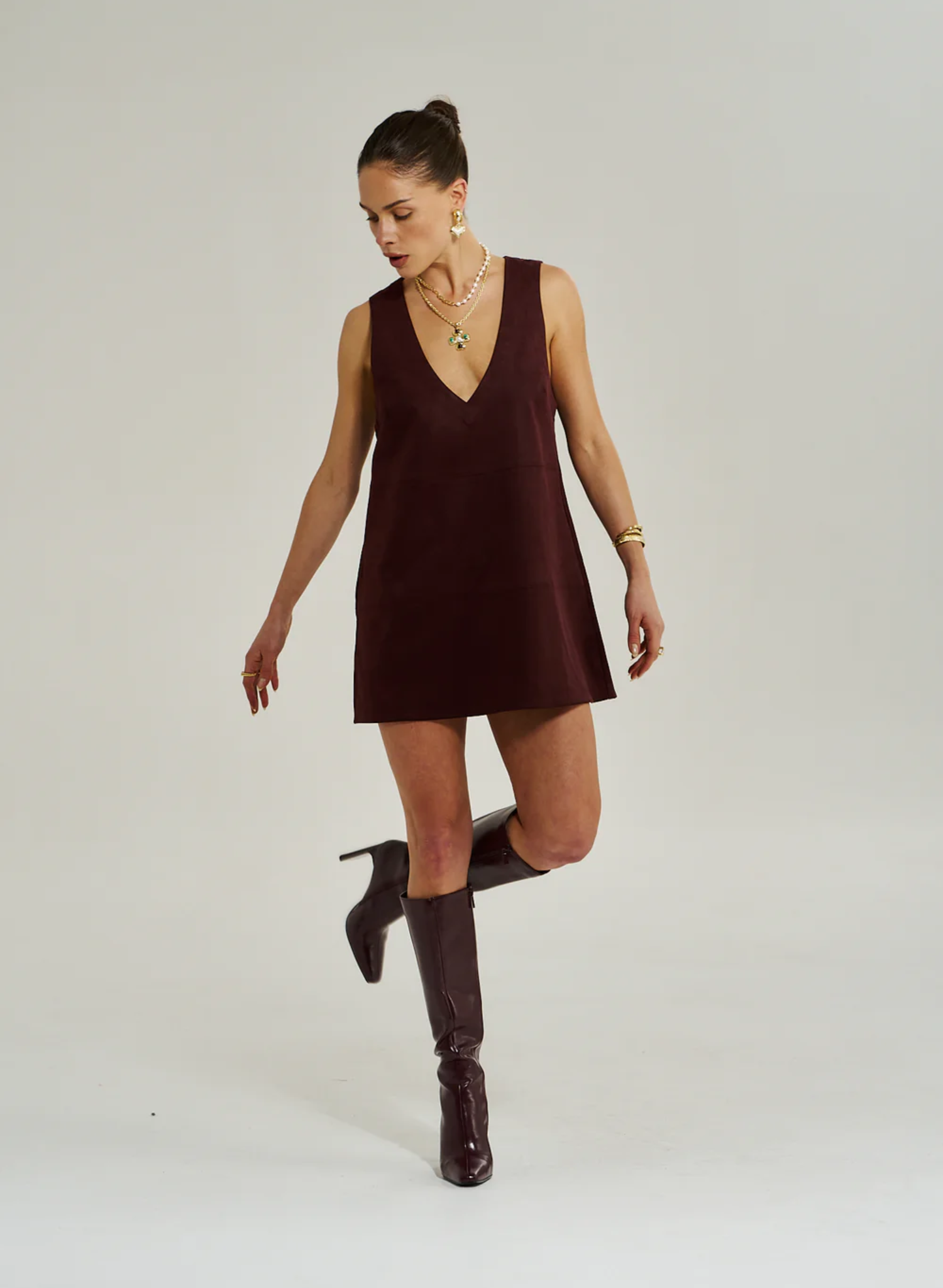V Neck Mini Dress - Syrah