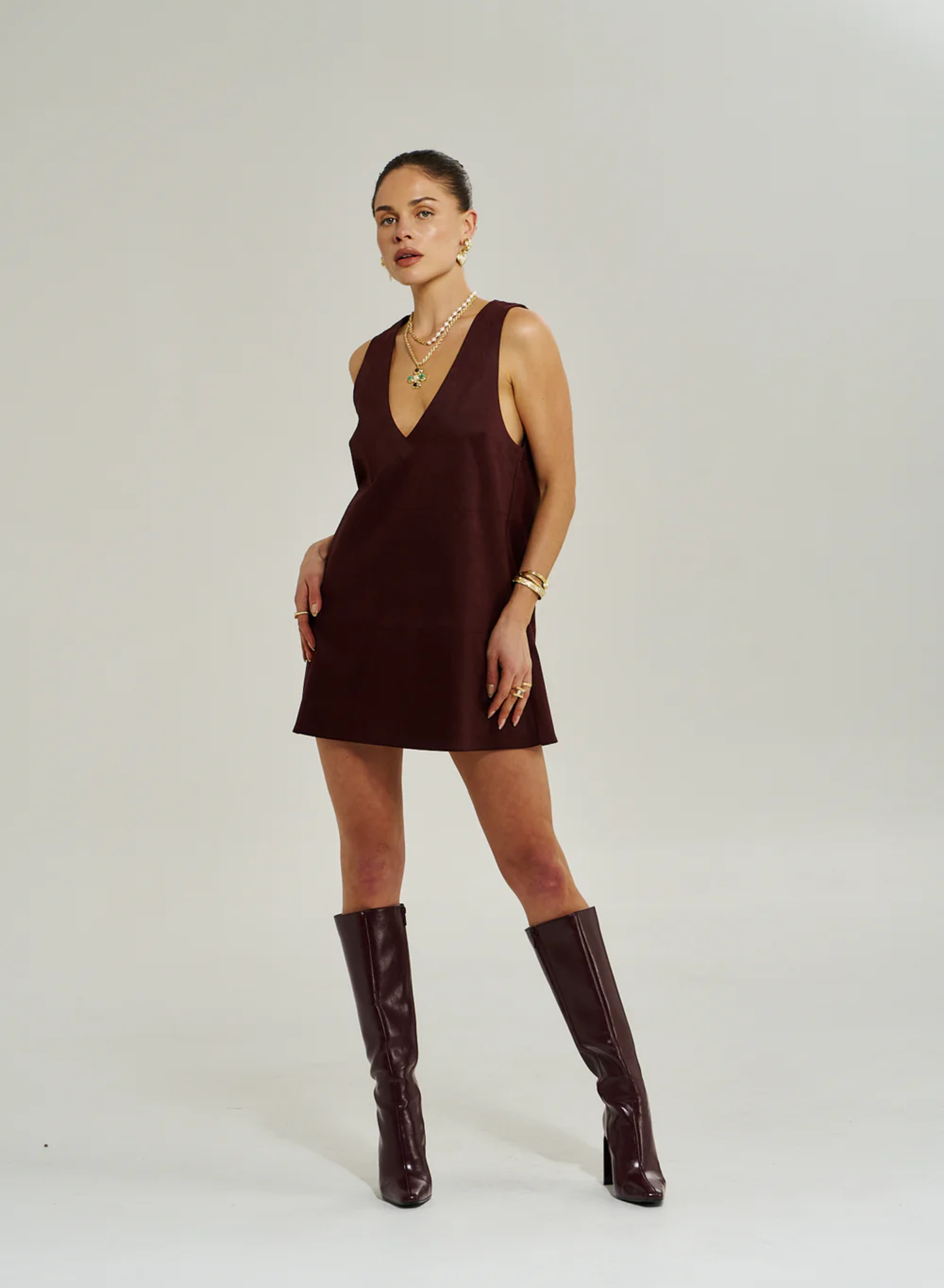 V Neck Mini Dress - Syrah