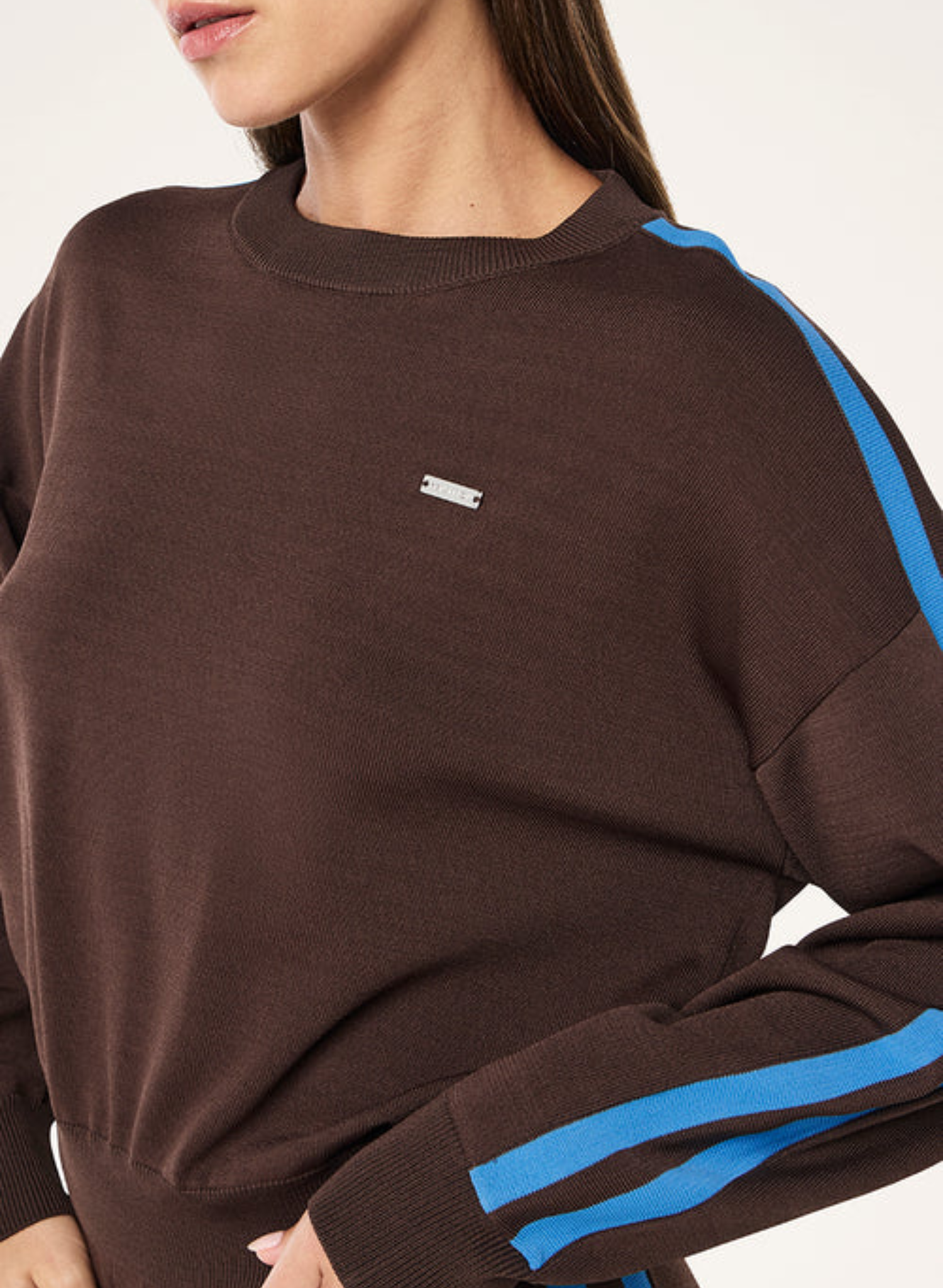 Retreat knit jumper in coffee & marina blue