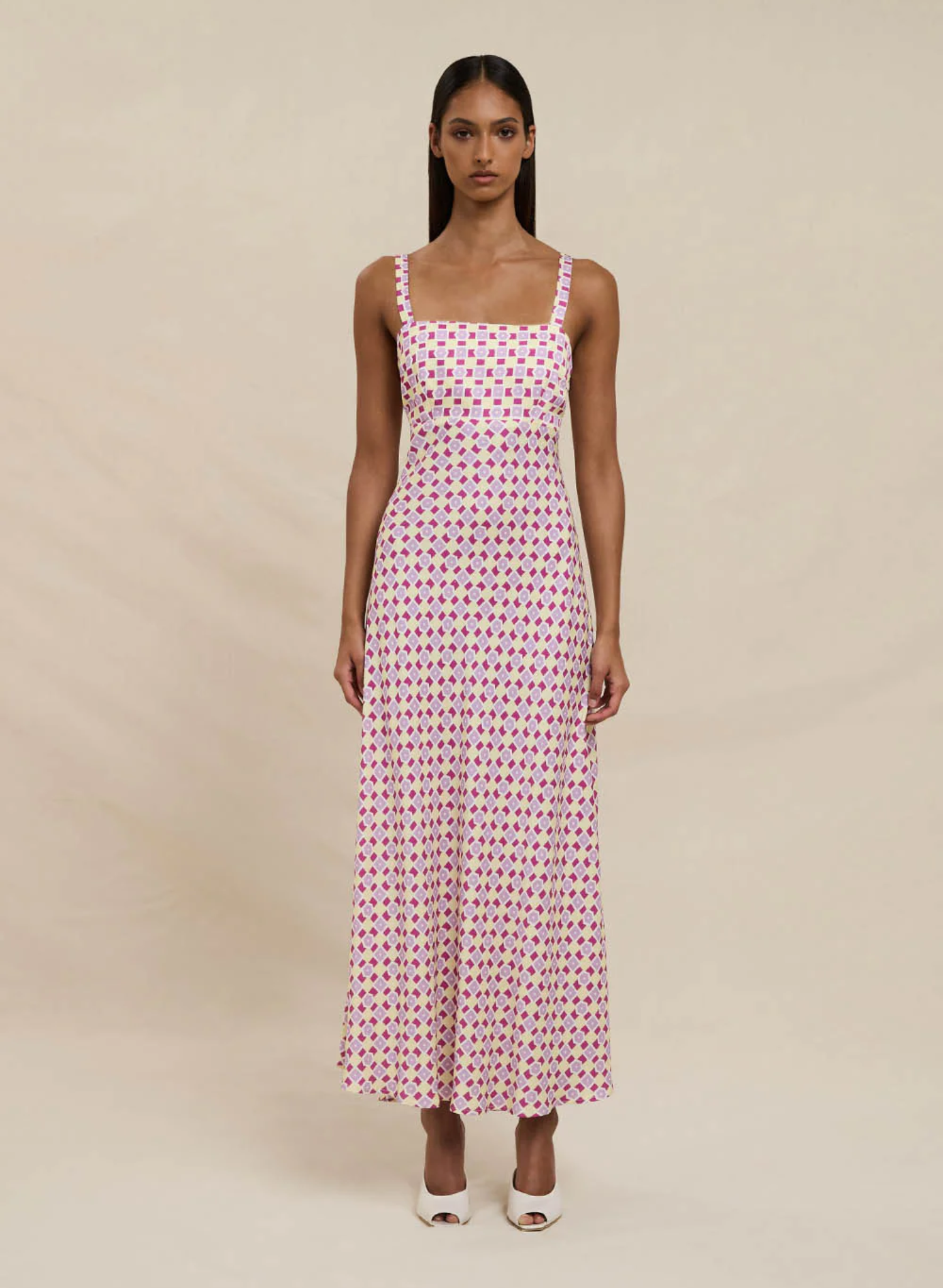 Zinnia Geo Bias Midi Dress - Berry Lilac Yellow