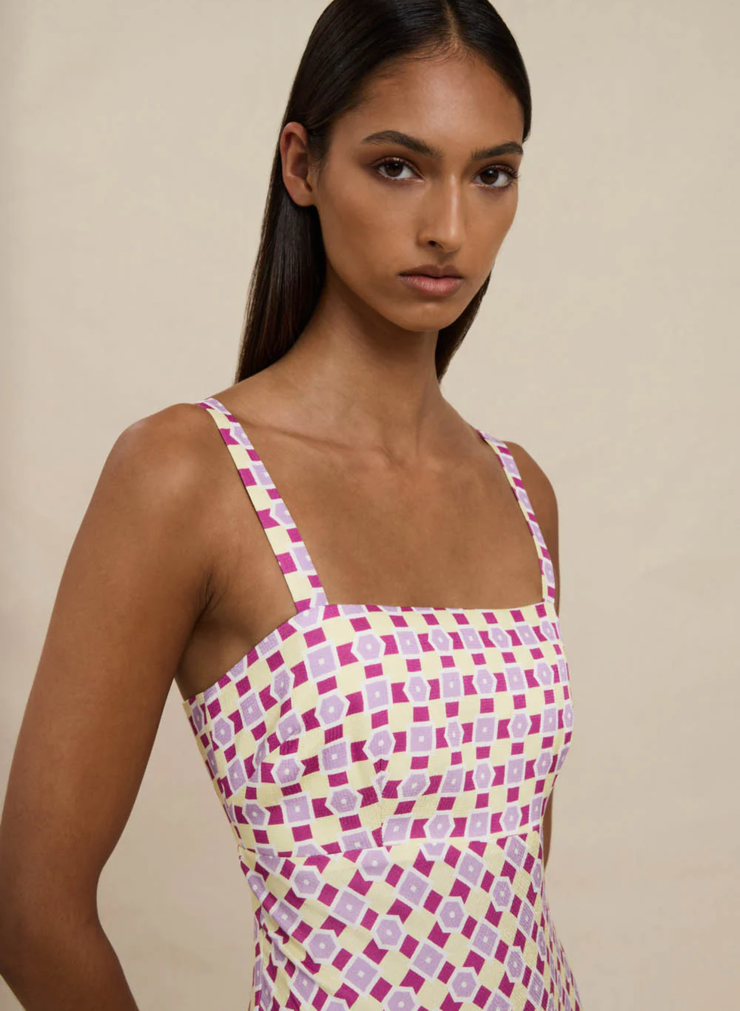 Zinnia Geo Bias Midi Dress - Berry Lilac Yellow