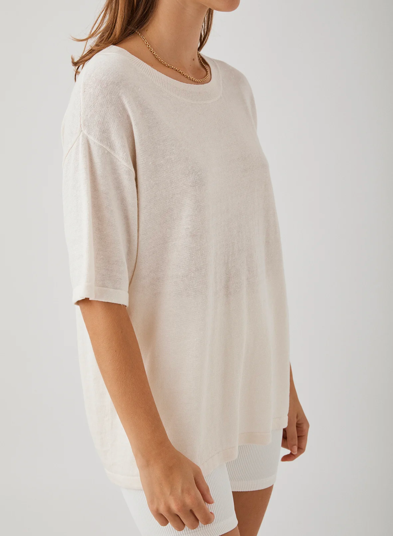 Hugo T-Shirt in Cream. 100% Linen knit. Oversized, classic tee shape. Wide crew neck Zero waste knit construction Soft hand feel Ethically produced Free of harmful chemicals: OEKO-TEX Standard 100
