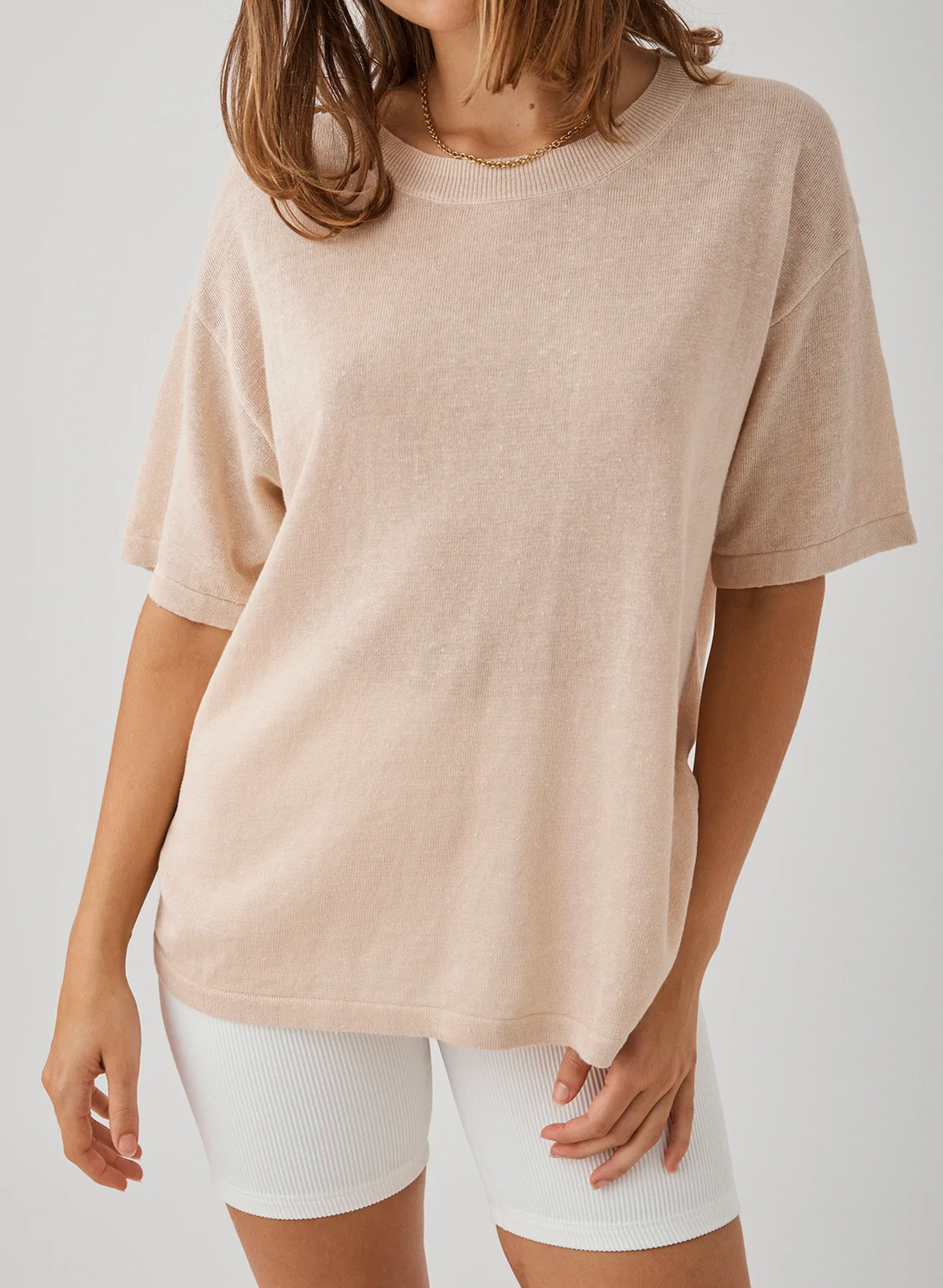 Hugo T-Shirt in Sand. 100% Linen knit. Oversized, classic tee shape. Wide crew neck Zero waste knit construction Soft hand feel Ethically produced Free of harmful chemicals: OEKO-TEX Standard 100