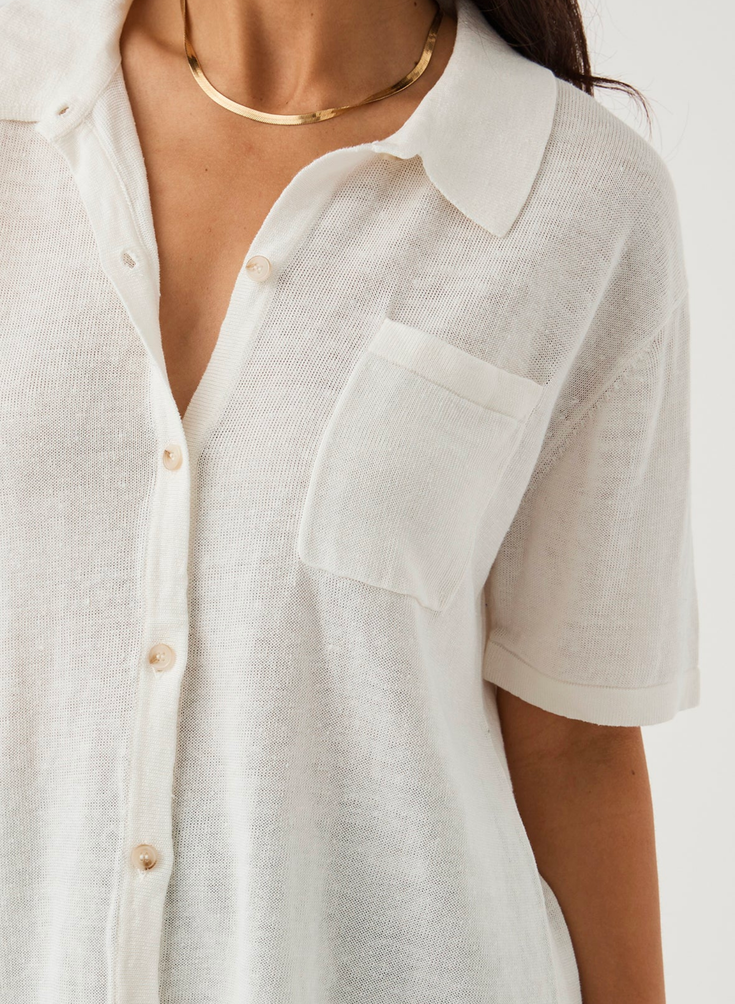 Brie Shirt in Cream. Button Down Front Front Pockets Short Sleeve Oversized Shirt Knitted Organic Linen Ethically produced Free of harmful chemicals: OEKO-TEX Standard 100 This piece is of 100% natural linen, carefully knitted with zero waste. With this is mind, this item appreciates good care so it can be enjoyed for seasons to come.