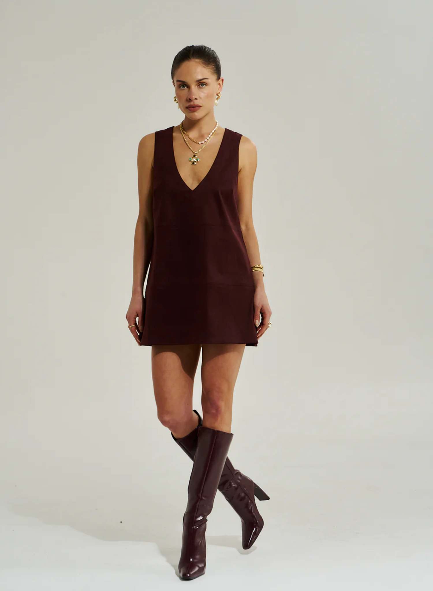 V Neck Mini Dress - Syrah