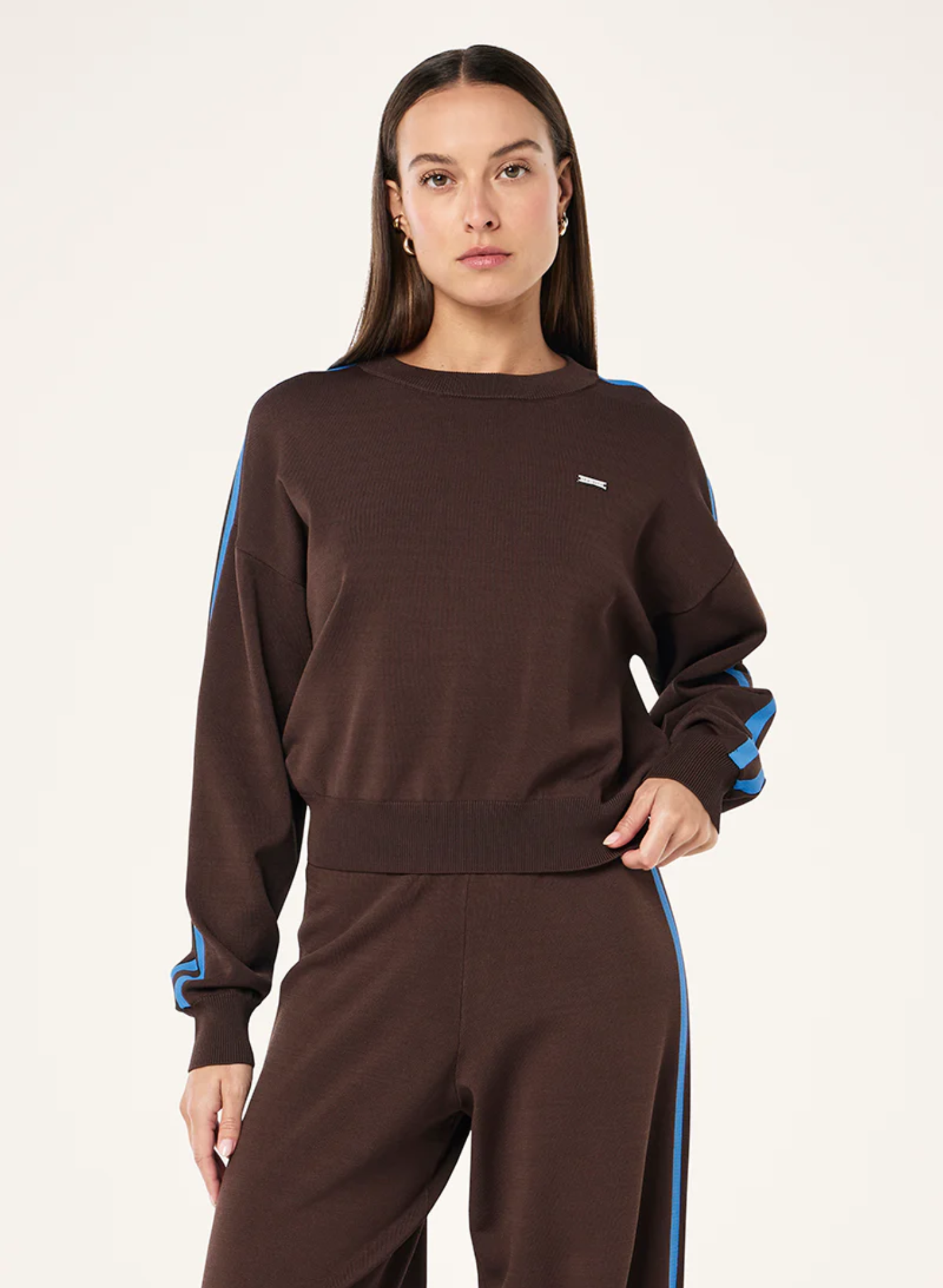 Retreat knit jumper in coffee & marina blue